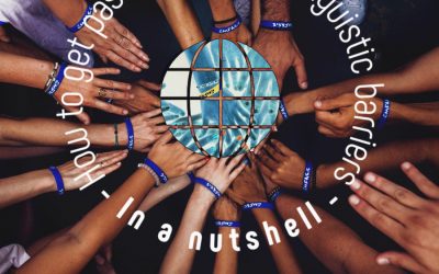 Hands meeting in center of a circle where there is an image of the world and go demand and sancheng digital logos representing cultural and linguistic barriers